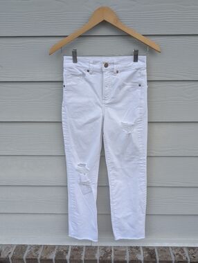 Express Jeans Size 00 Regular White Straight Ankle Hight Rise Pockets Distressed
